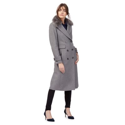 Grey wool blend faux fur collared coat
